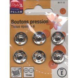 6 BOUTONS PRESSION TISSUS EPAIS 15 CHROME CREA PECAM