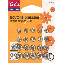 20 BOUTONS DE PRESSION TAILLE ASSORTIES 6,7,9,11mm ARGENTE CREA PECAM