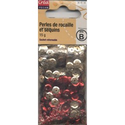 sachet 15g PERLES DE ROCAILLE ET SEQUINS DORE & ROUGE CREA PECAM
