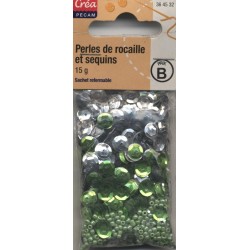 sachet 15g PERLES DE ROCAILLE ET SEQUINS ARGENTE VERT CREA PECAM